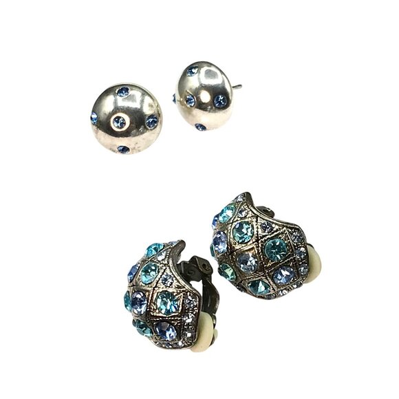 Crystal Studded Earrings Lot, 2 Pr Silver Tone with Blue Rhinestones, Fun Bundle - Picture 2 of 4